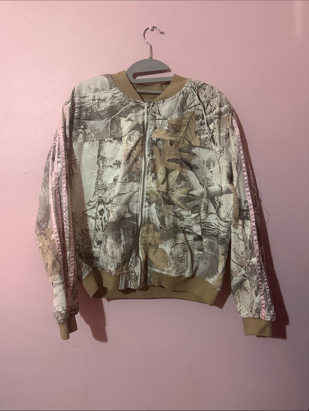 GOGO Camo Print Bomber Jacket with Pink Trim